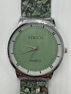 Strada Watch Women Silver Tone Green Stone Chip Magnetic Band New Battery 7.5"
